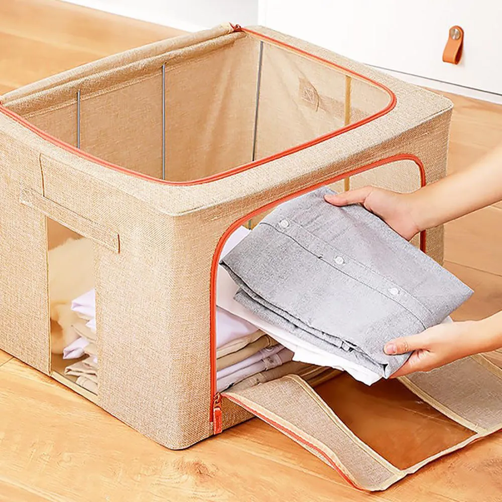 100L Linen Cloth Storage Bin, Foldable with Metal Frame