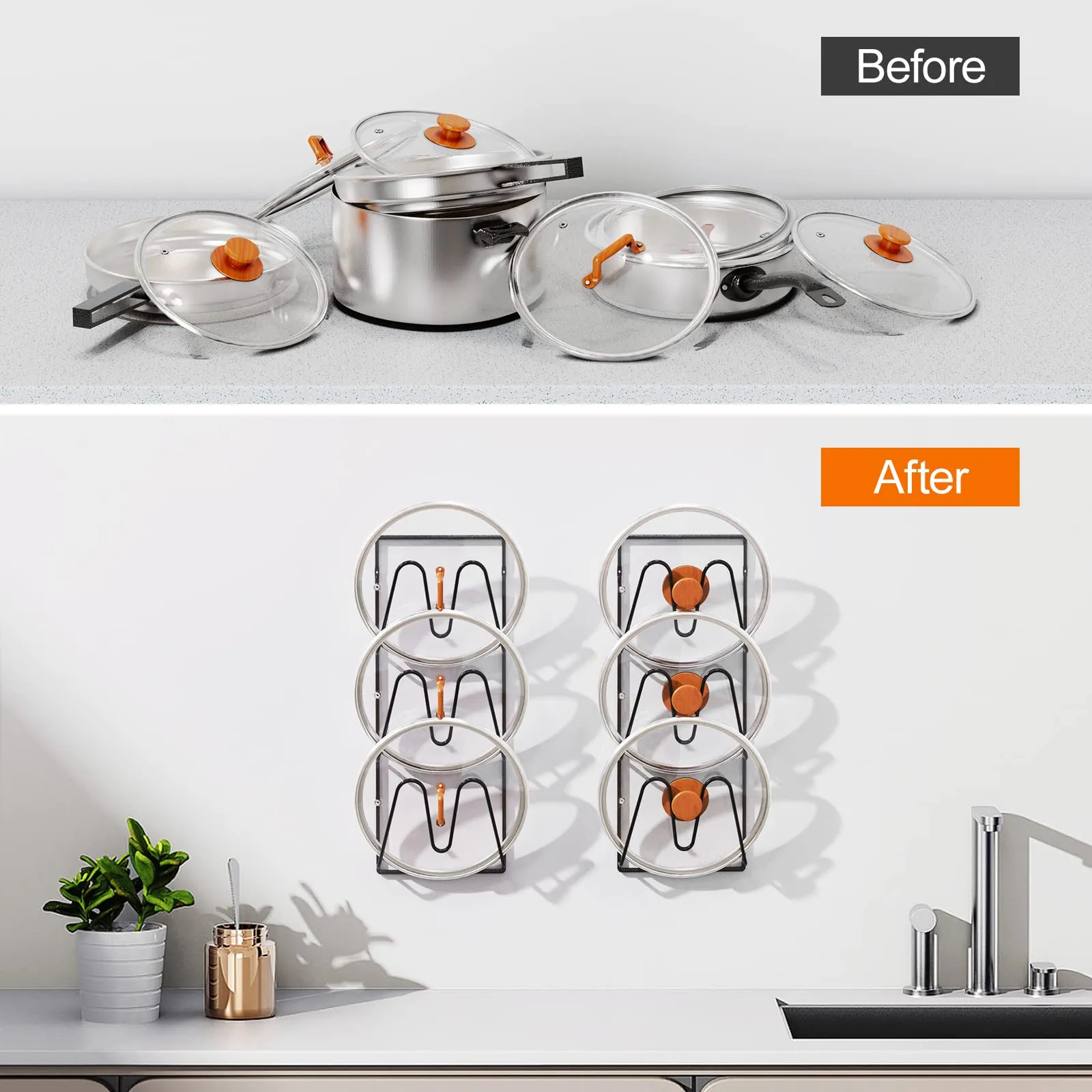 2 Pack Pot Lid Organizer Rack, 6-Tier Pot Lids Holder for Cabinet Door/Wall, No Drilling Adhesive Wall/Door Mounted Rustproof Pot and Pan Cover for Kitchen Storage, Classic Black