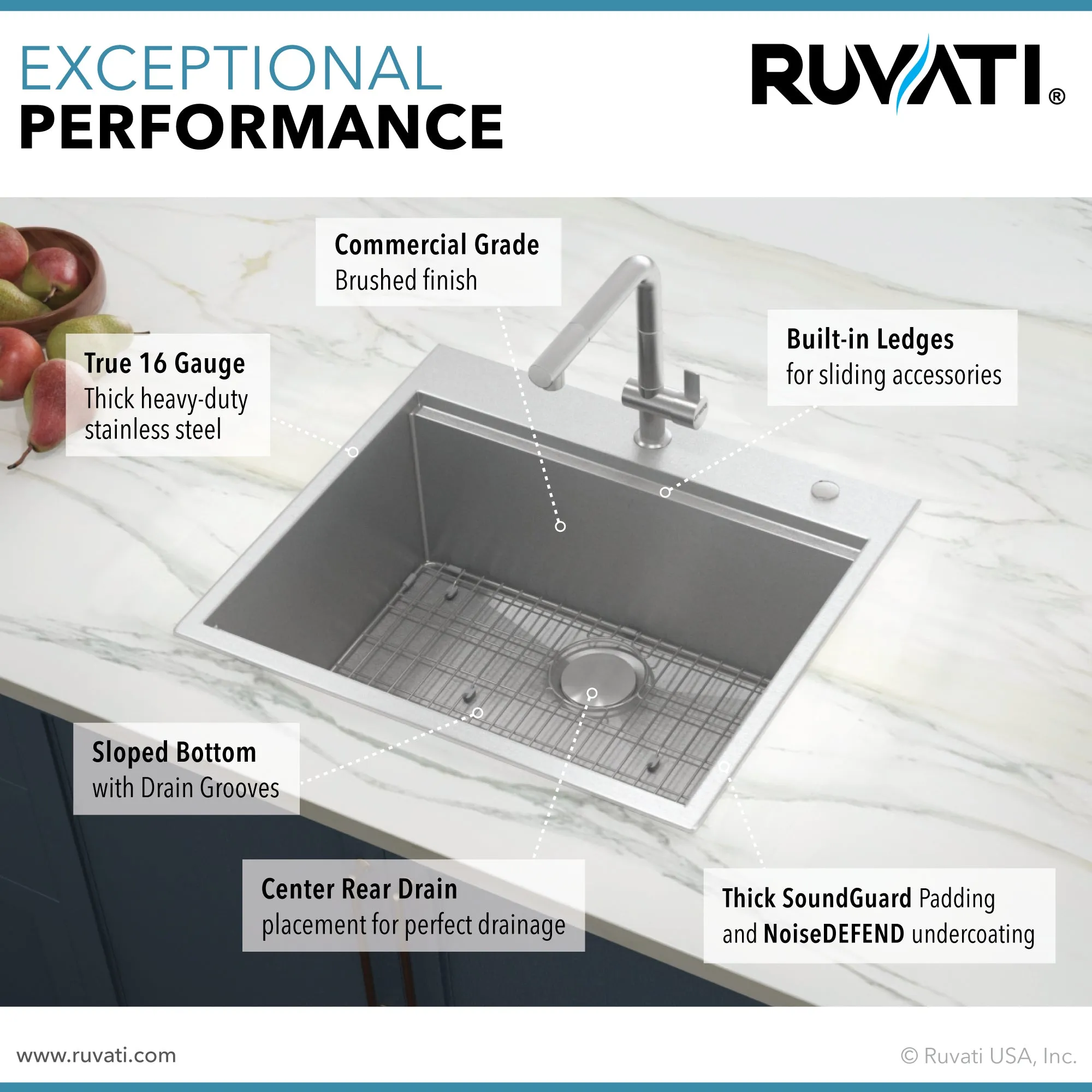 25 x 22 inch Workstation Drop-in Tight Radius Topmount 16 Gauge Stainless Steel Ledge Kitchen Sink Single Bowl
