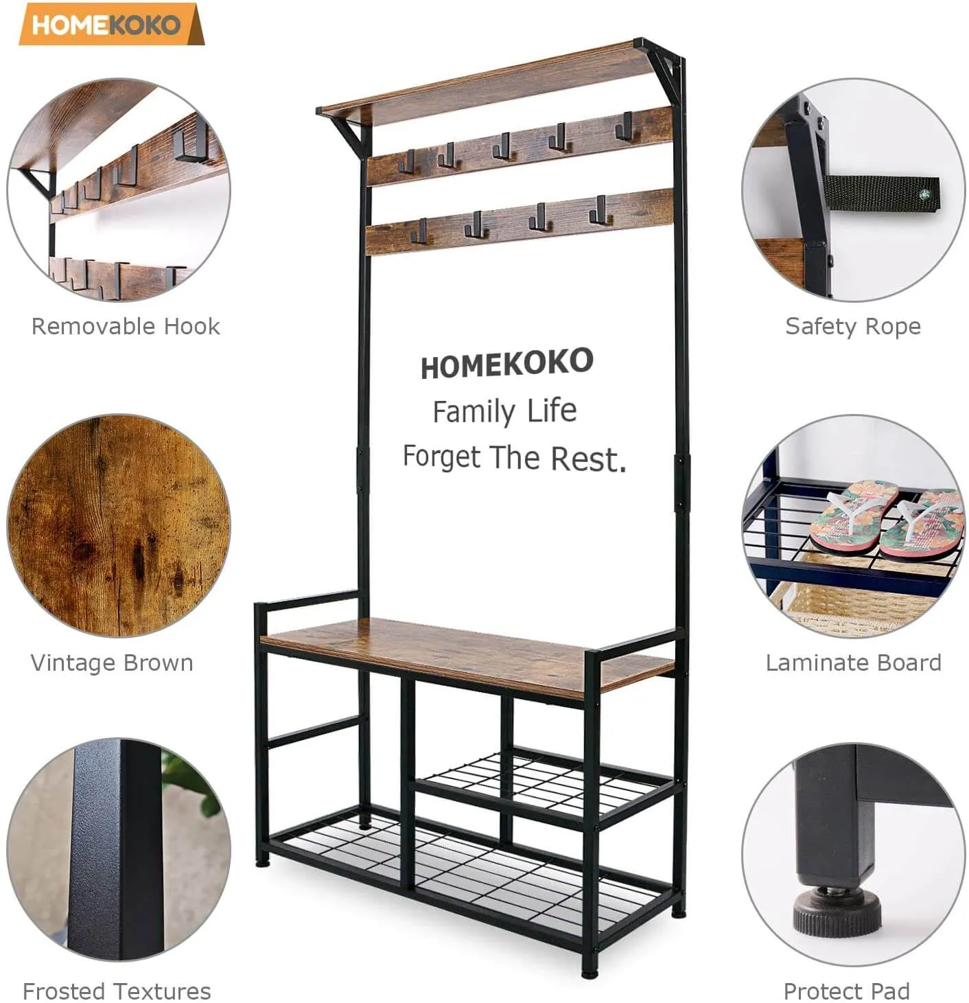 3 in 1 Coat Rack Shoe Bench, Wood Look Accent Furniture with Metal Frame