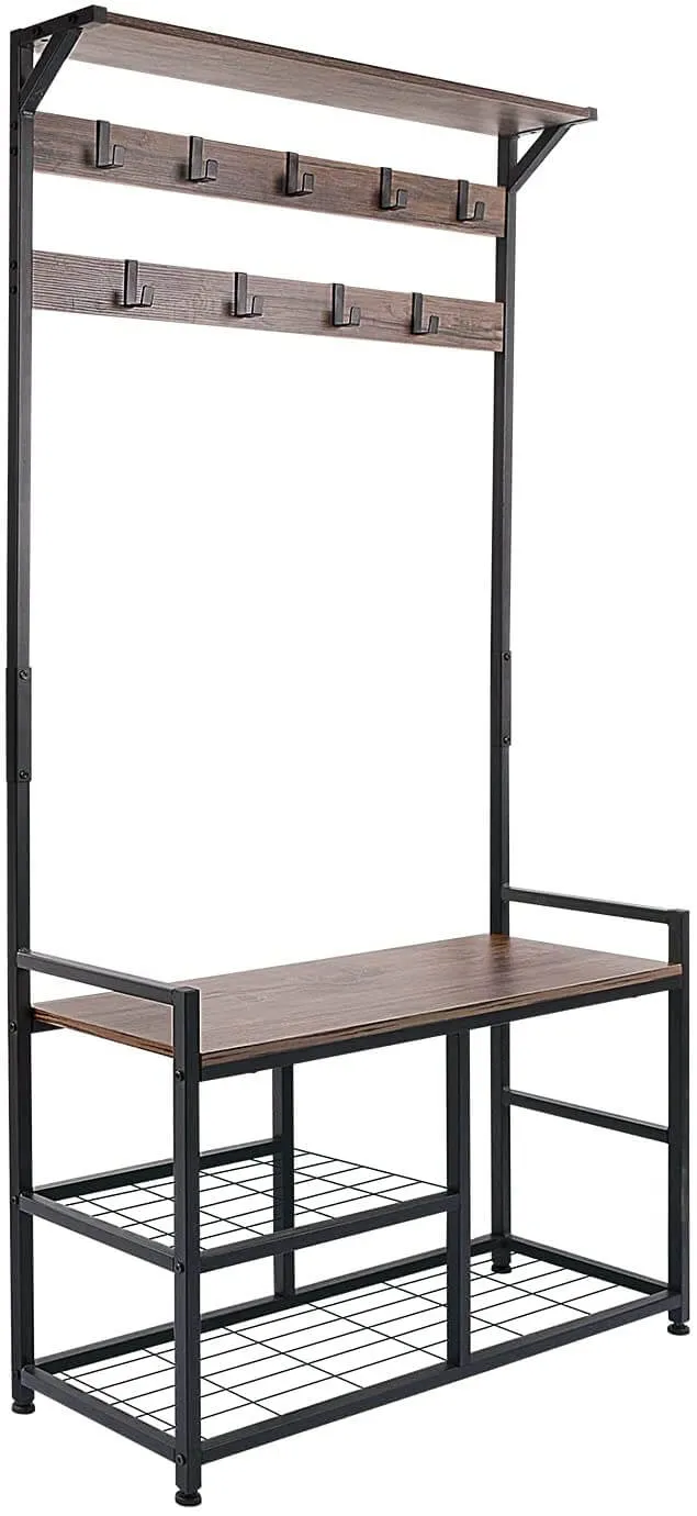 3 in 1 Coat Rack Shoe Bench, Wood Look Accent Furniture with Metal Frame