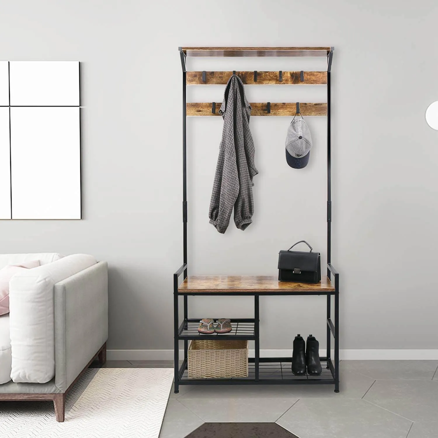 3 in 1 Coat Rack Shoe Bench, Wood Look Accent Furniture with Metal Frame