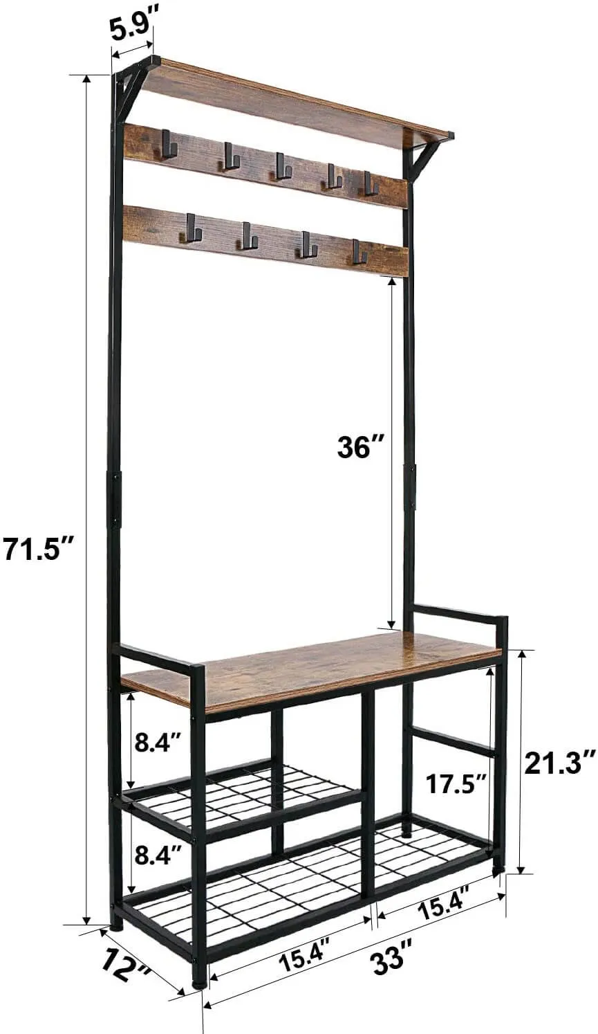 3 in 1 Coat Rack Shoe Bench, Wood Look Accent Furniture with Metal Frame