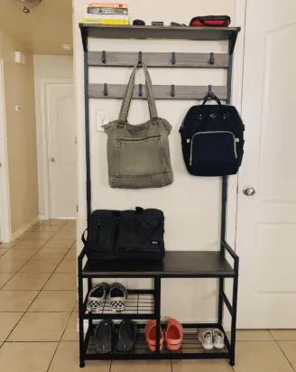 3 in 1 Coat Rack Shoe Bench, Wood Look Accent Furniture with Metal Frame