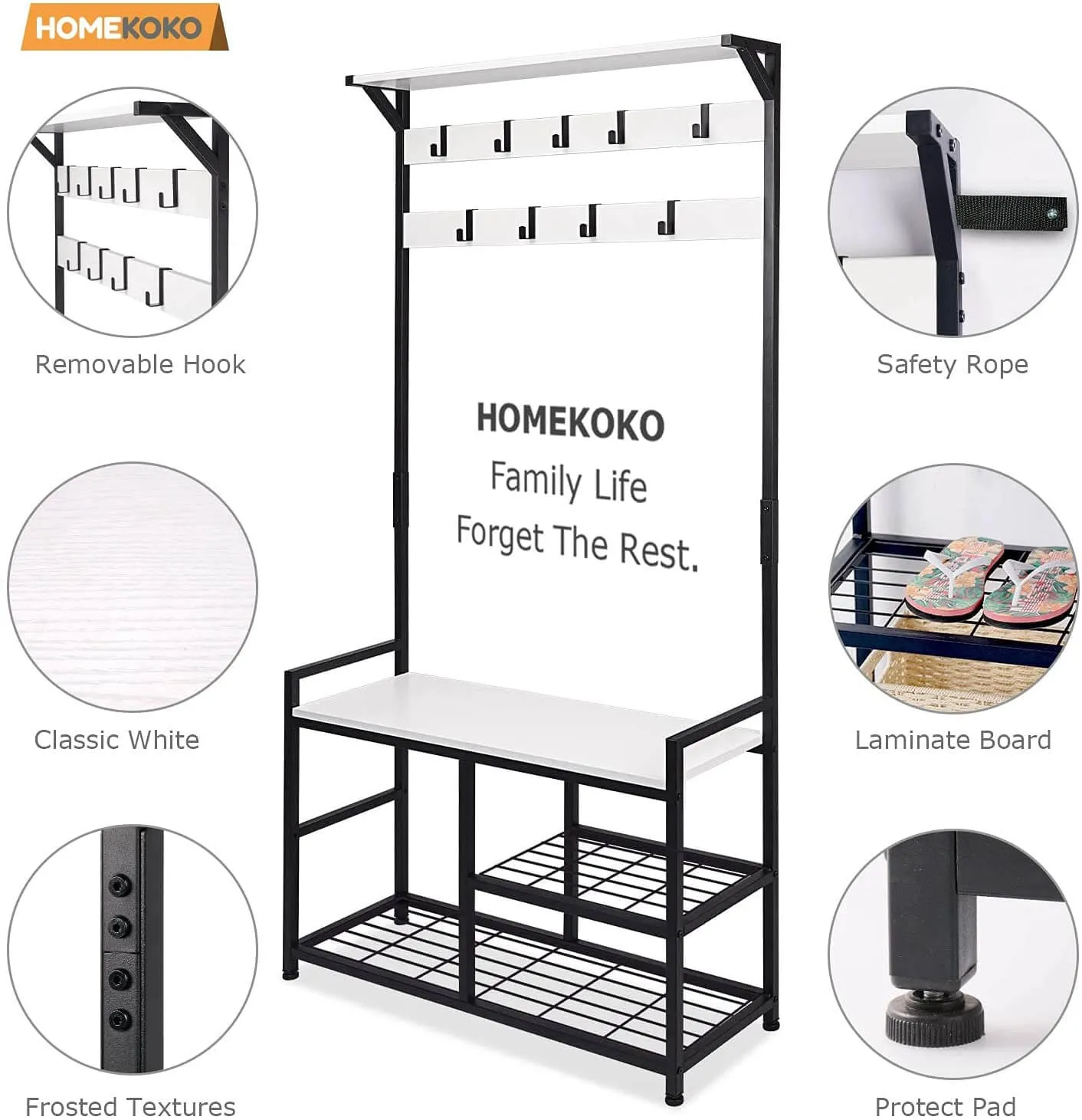 3 in 1 Coat Rack Shoe Bench, Wood Look Accent Furniture with Metal Frame
