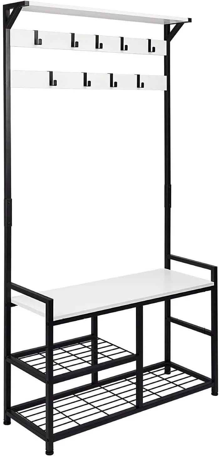 3 in 1 Coat Rack Shoe Bench, Wood Look Accent Furniture with Metal Frame