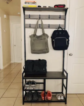 3 in 1 Coat Rack Shoe Bench, Wood Look Accent Furniture with Metal Frame