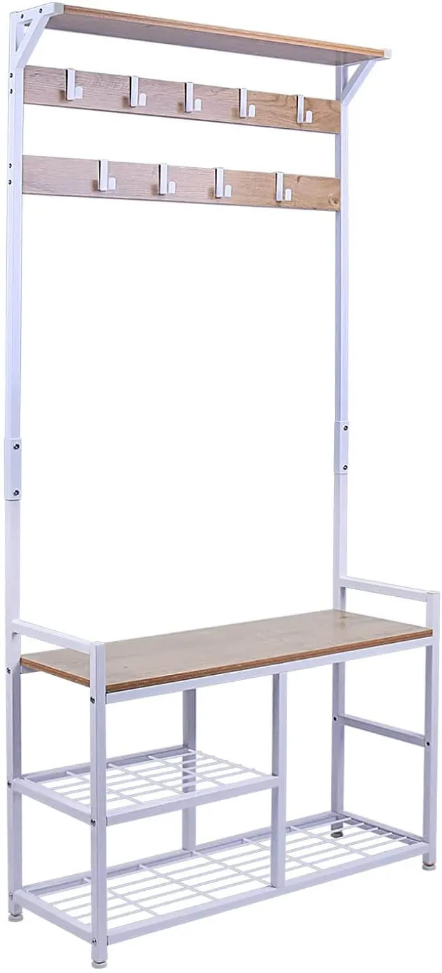 3 in 1 Coat Rack Shoe Bench, Wood Look Accent Furniture with Metal Frame