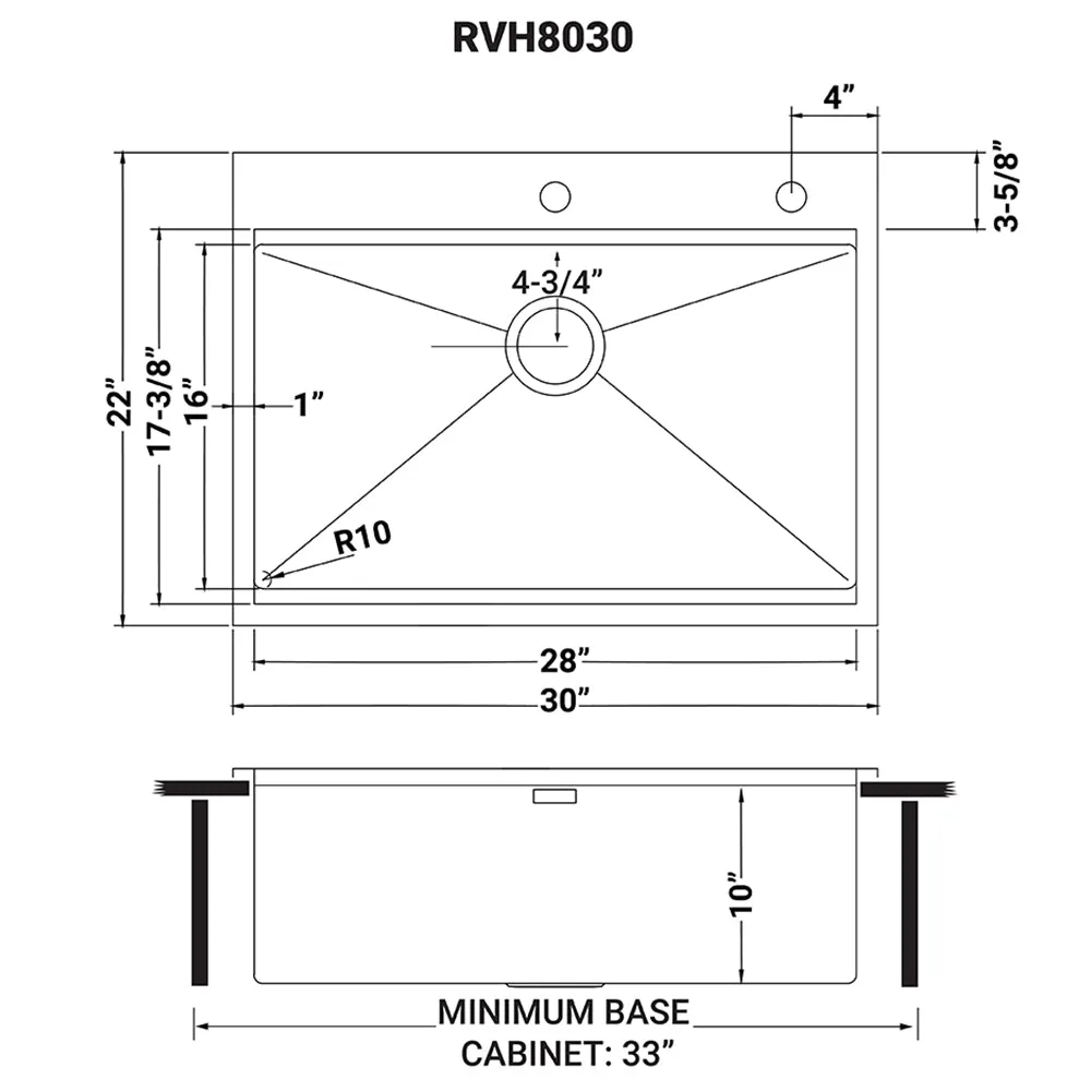 30 x 22 inch Workstation Drop-in Tight Radius Topmount 16 Gauge Ledge Stainless Steel Kitchen Sink Single Bowl