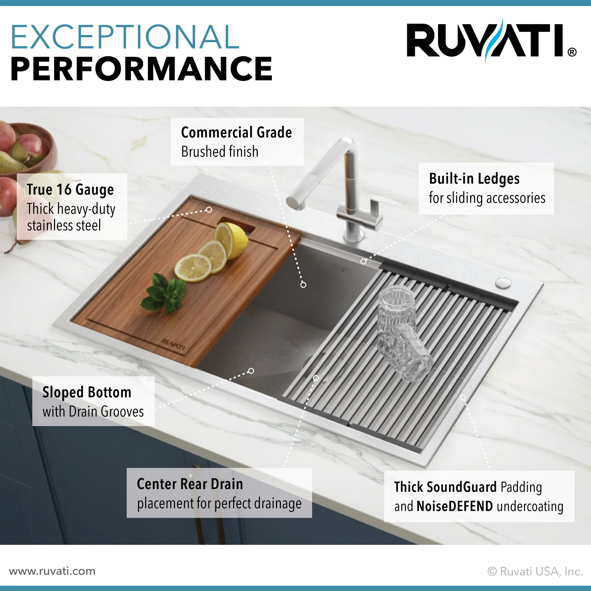 33 x 22 inch Workstation Ledge Drop-in Tight Radius 16 Gauge Stainless Steel Kitchen Sink Single Bowl