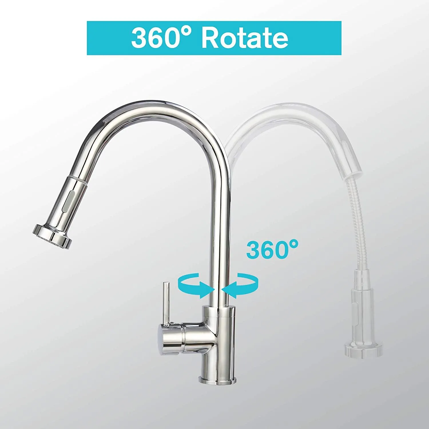 360 Swivel Kitchen Faucet with Pull Out Spray Head - Stainless Steel Single Handle Tap, Chrome Finish