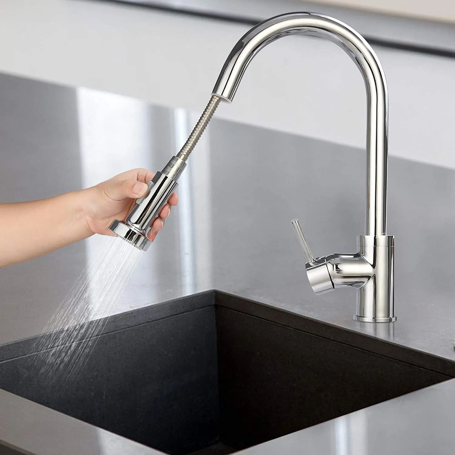 360 Swivel Kitchen Faucet with Pull Out Spray Head - Stainless Steel Single Handle Tap, Chrome Finish