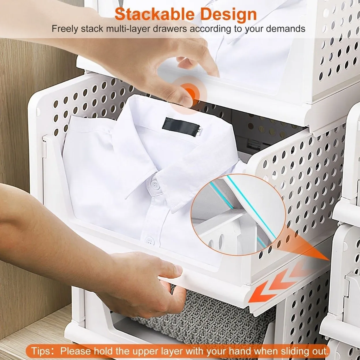4 Packs Plastic Storage Box Closet Organizer Foldable Storage Bin Stackable Drawer with Slide Rail Push-Pull Storage