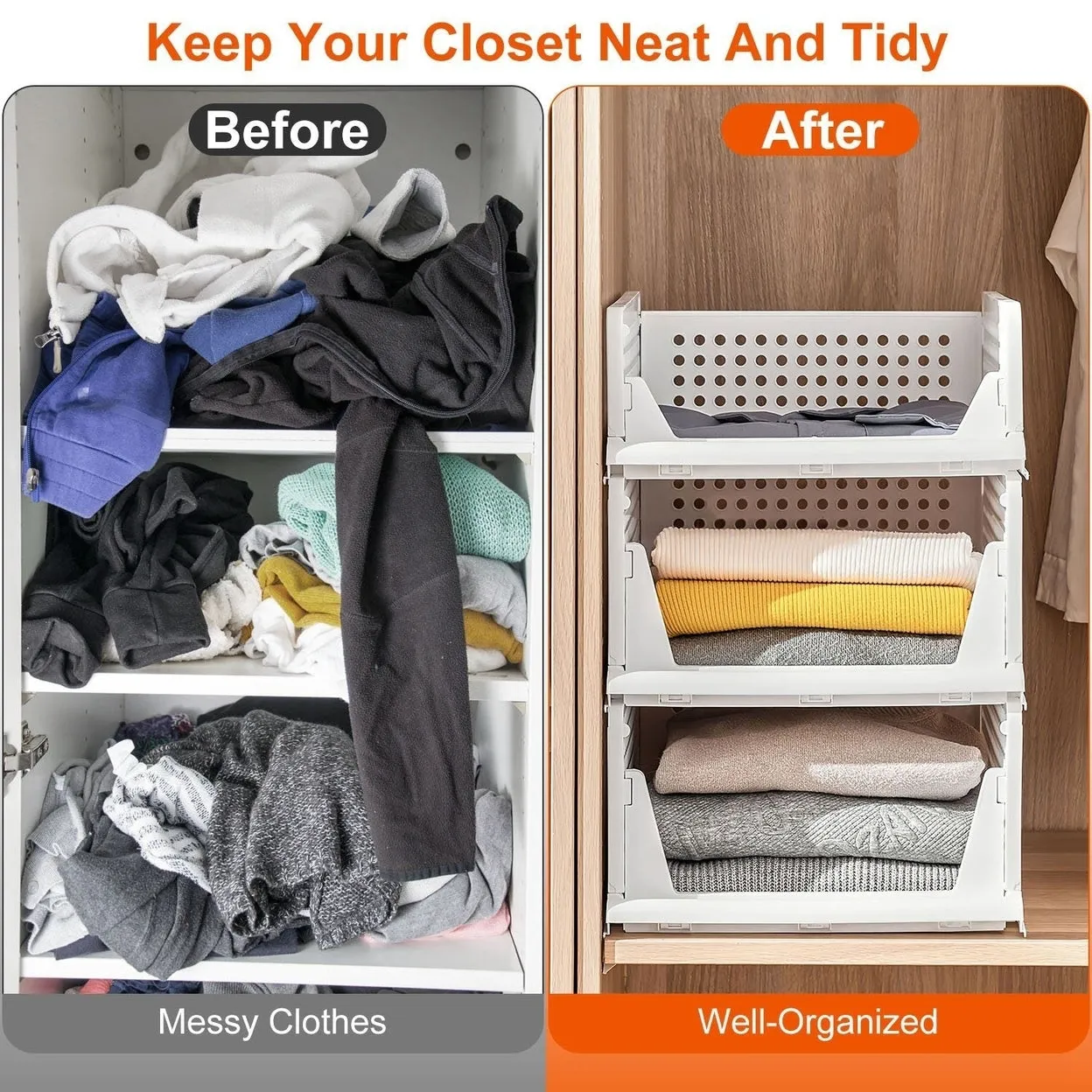 4 Packs Plastic Storage Box Closet Organizer Foldable Storage Bin Stackable Drawer with Slide Rail Push-Pull Storage