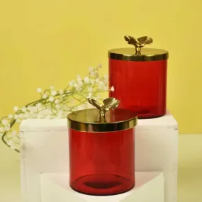 5.5" Red Glass Jar With Metal Water Fly Lid | Decorative Kitchen Storage | Set of 2