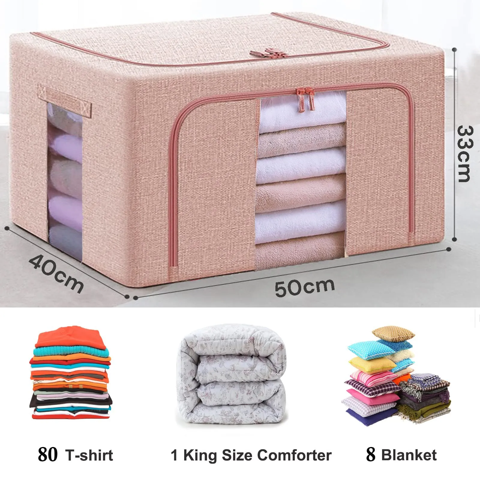66L Linen Cloth Storage Box with Metal Frame - Pink