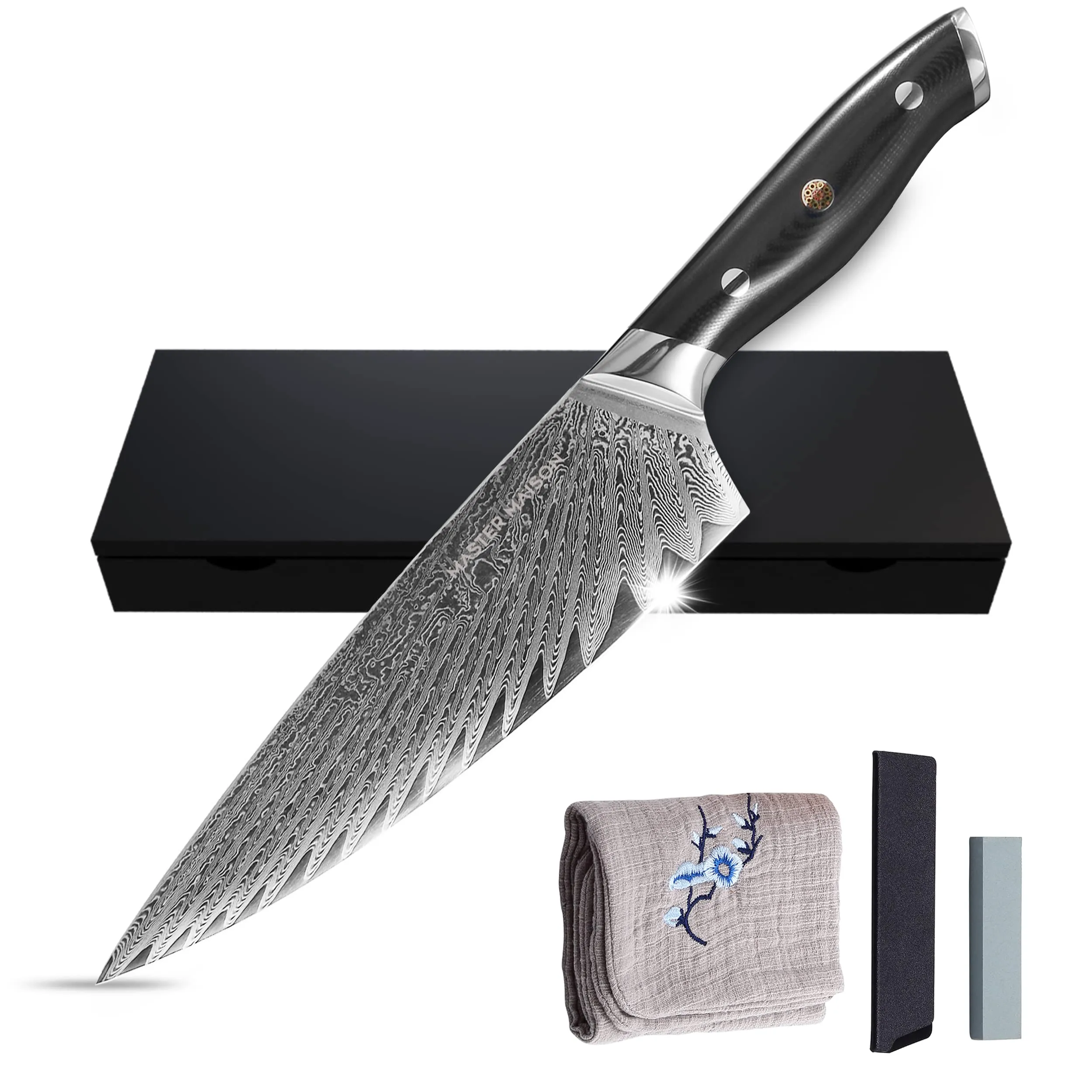8" Damascus Steel Chef Knife: Full-Tang Black Handle With Japanese Mosaic