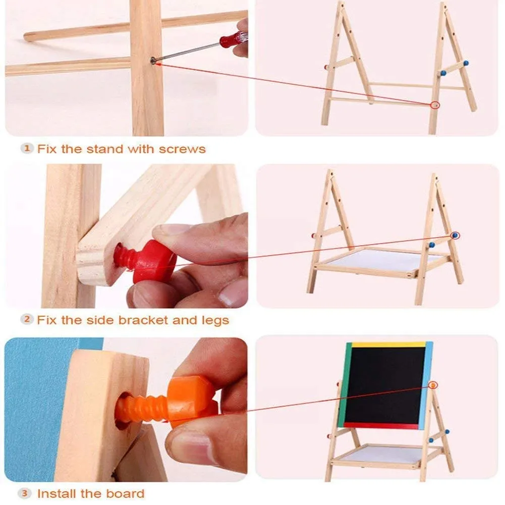 Portable & Adjustable Kids Double-Sided Wooden Easel (37 x 43 cm) with Magnetic Whiteboard, Chalkboard, Marker, and Duster for Drawing & Writing