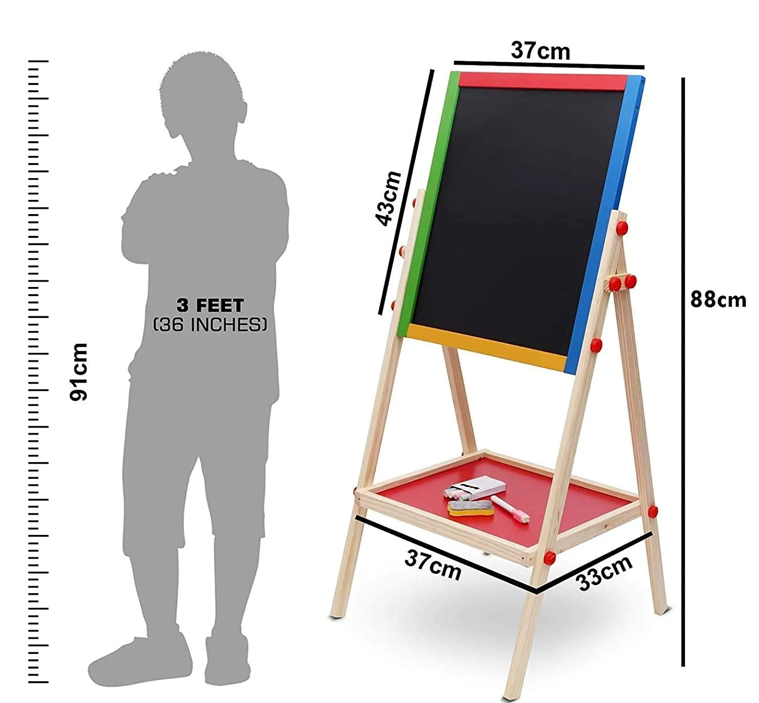 Portable & Adjustable Kids Double-Sided Wooden Easel (37 x 43 cm) with Magnetic Whiteboard, Chalkboard, Marker, and Duster for Drawing & Writing