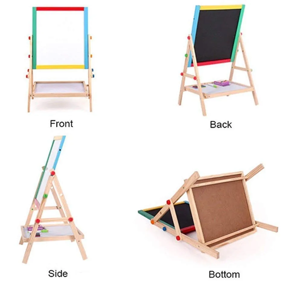 Portable & Adjustable Kids Double-Sided Wooden Easel (37 x 43 cm) with Magnetic Whiteboard, Chalkboard, Marker, and Duster for Drawing & Writing