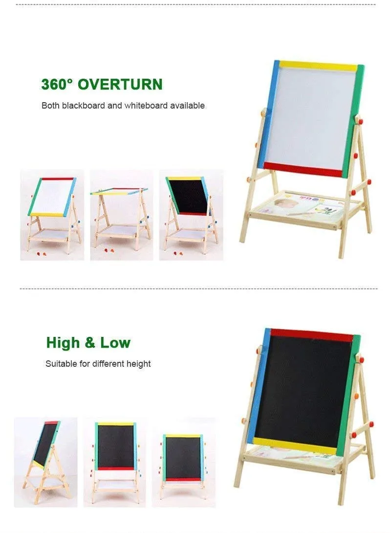 Portable & Adjustable Kids Double-Sided Wooden Easel (37 x 43 cm) with Magnetic Whiteboard, Chalkboard, Marker, and Duster for Drawing & Writing