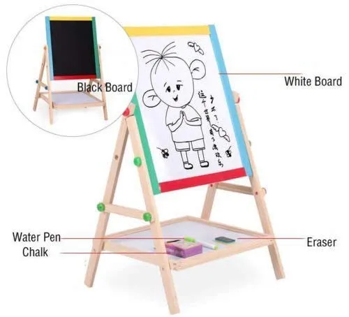 Portable & Adjustable Kids Double-Sided Wooden Easel (37 x 43 cm) with Magnetic Whiteboard, Chalkboard, Marker, and Duster for Drawing & Writing