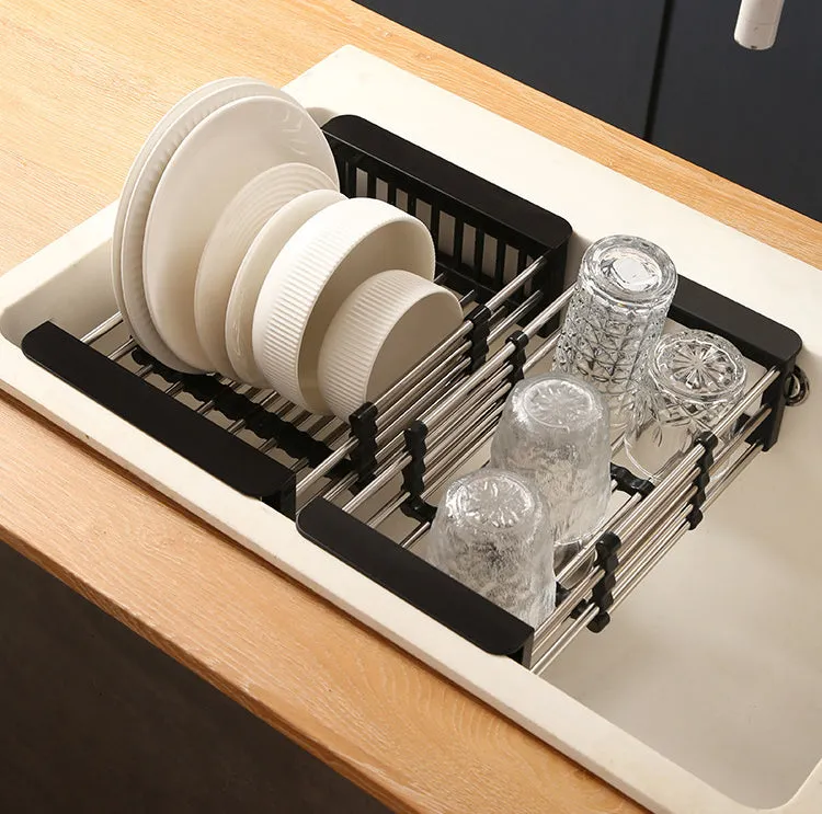 Adjustable Drainer Basket Drain Tray for Dish,Fruit-Black