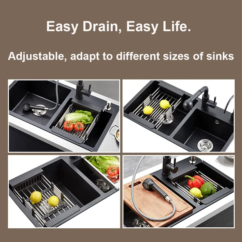 Adjustable Drainer Basket Drain Tray for Dish,Fruit-Black