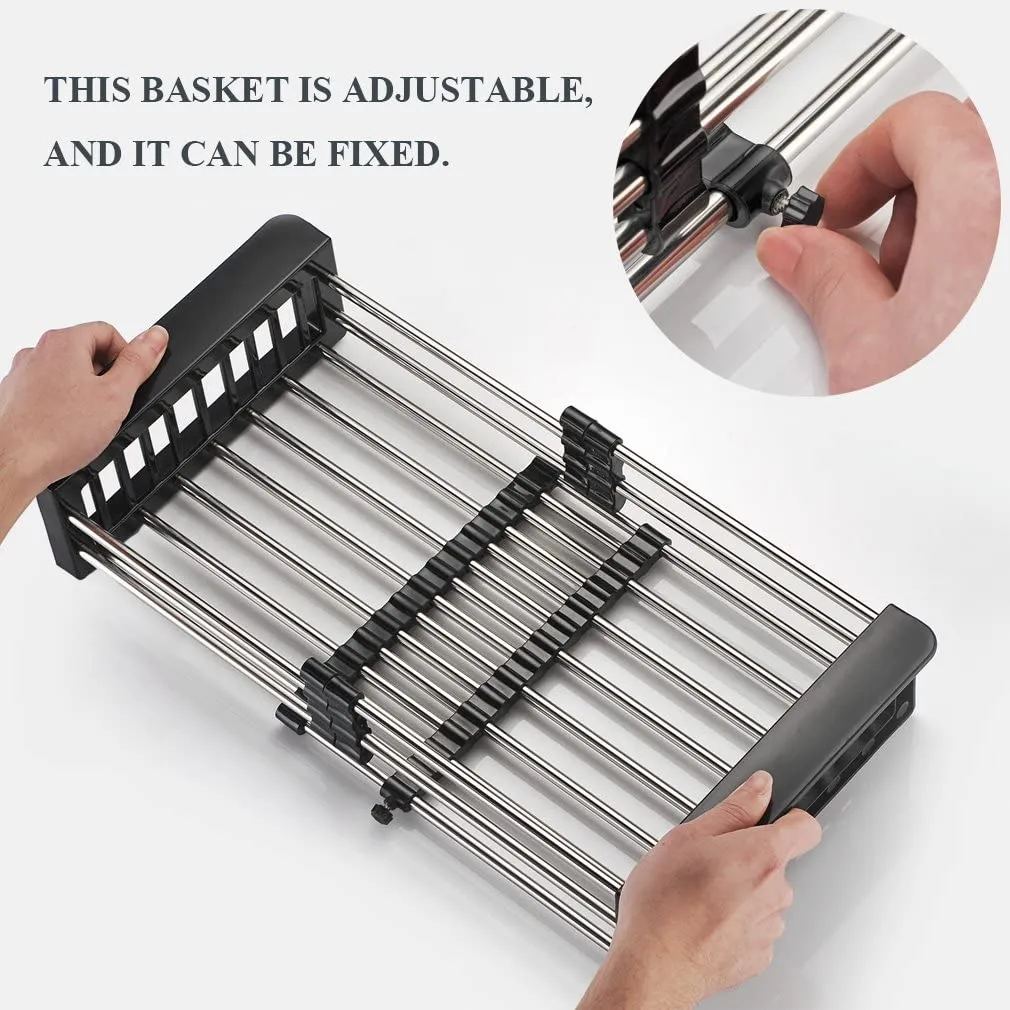 Adjustable Drainer Basket Drain Tray for Dish,Fruit-Black