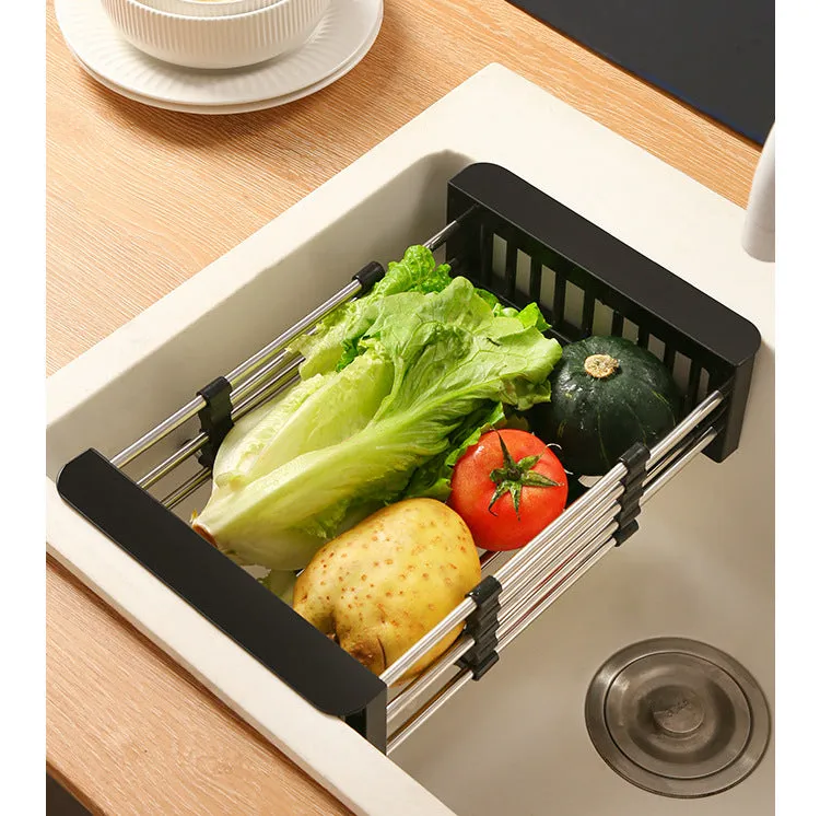 Adjustable Drainer Basket Drain Tray for Dish,Fruit-Black