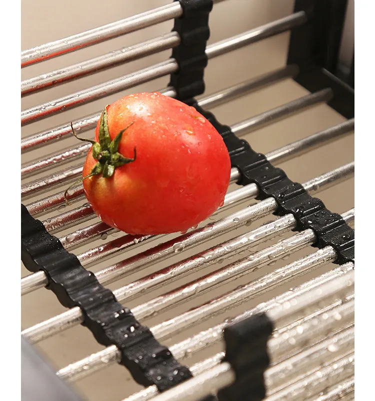 Adjustable Drainer Basket Drain Tray for Dish,Fruit-Black