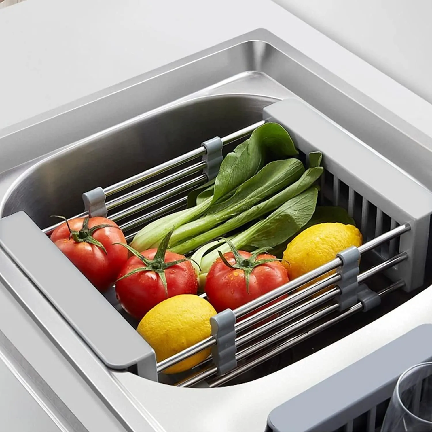 Adjustable Drainer Basket Drain Tray for Dish,Fruit-Gray