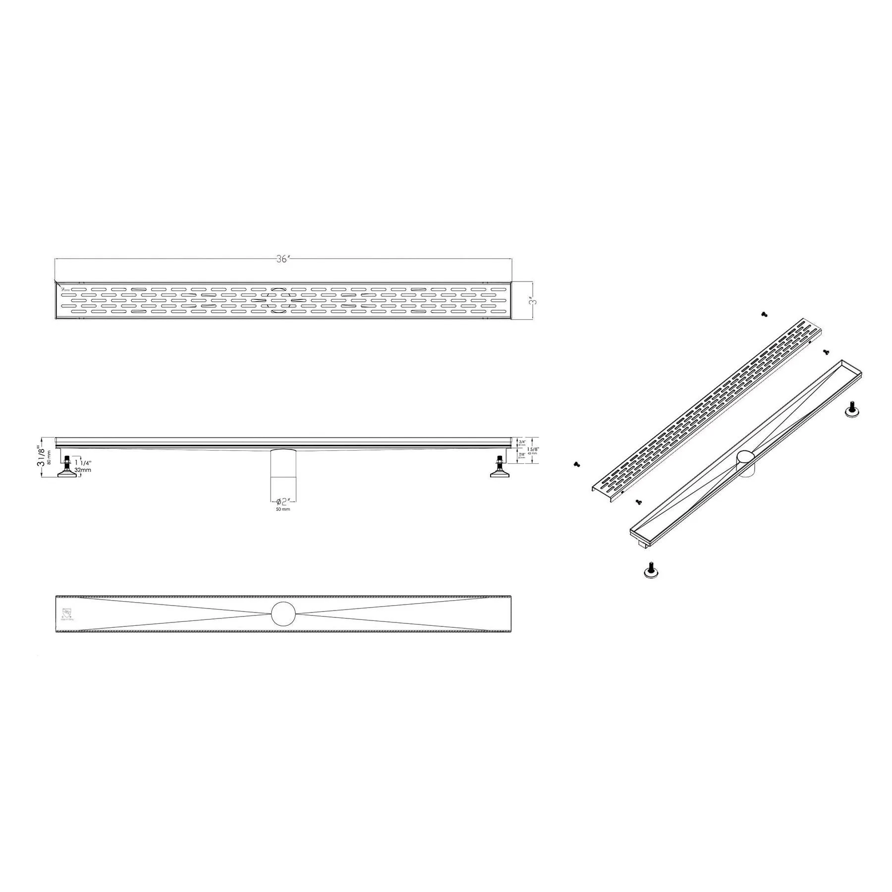 ALFI Brand ABLD36C-BM 36" Black Matte Stainless Steel Linear Shower Drain with Groove Holes