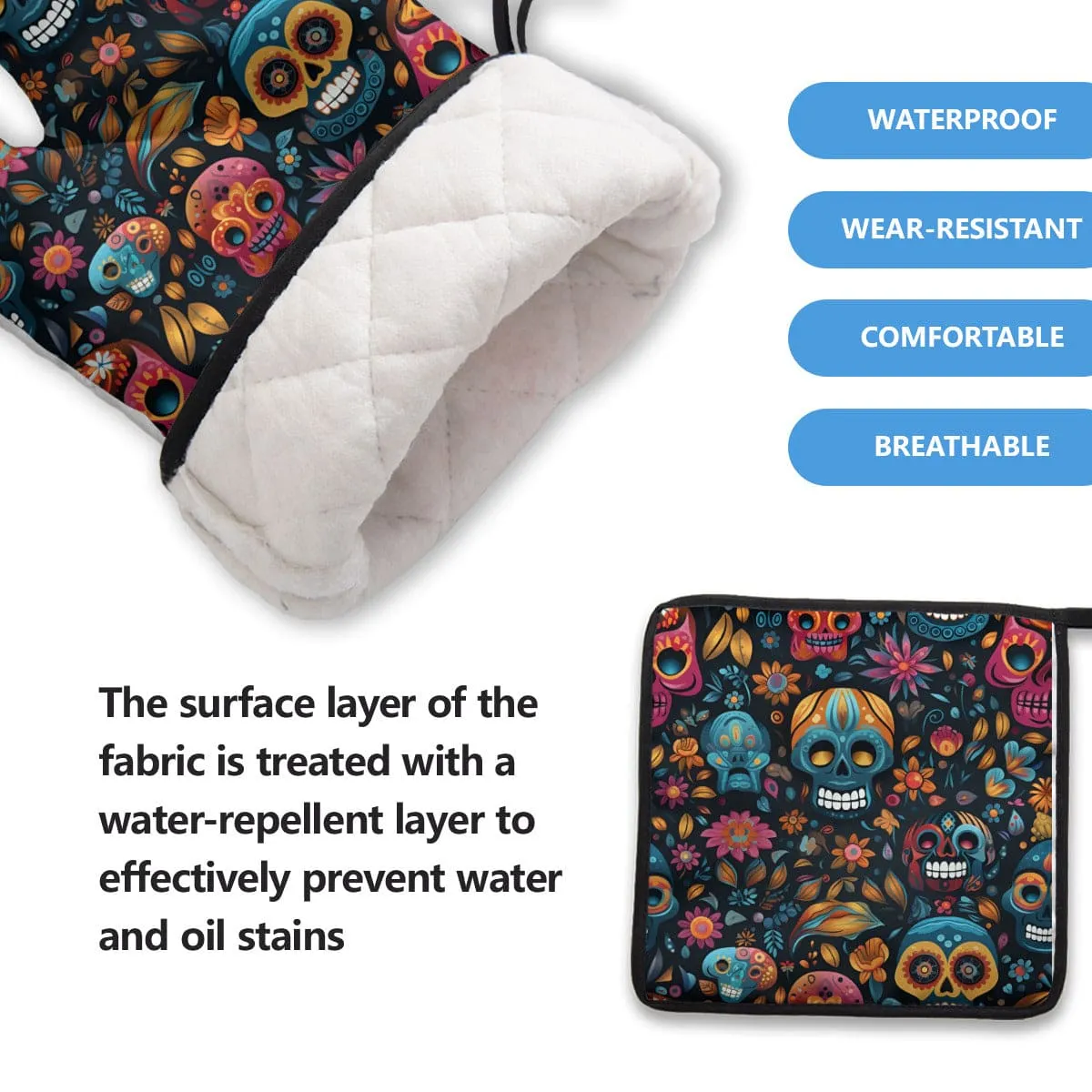 Blue Skulls & Flowers Oven Mits & Pot Holder Set