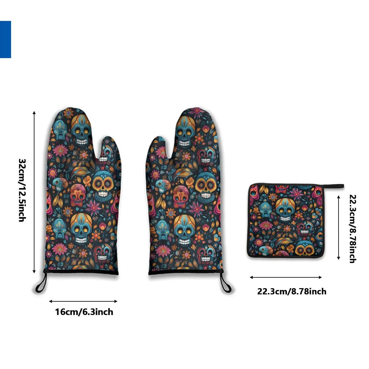 Blue Skulls & Flowers Oven Mits & Pot Holder Set