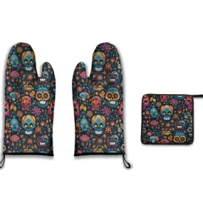 Blue Skulls & Flowers Oven Mits & Pot Holder Set