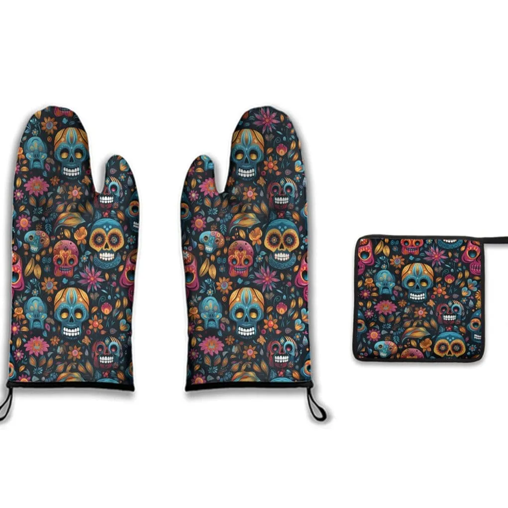 Blue Skulls & Flowers Oven Mits & Pot Holder Set