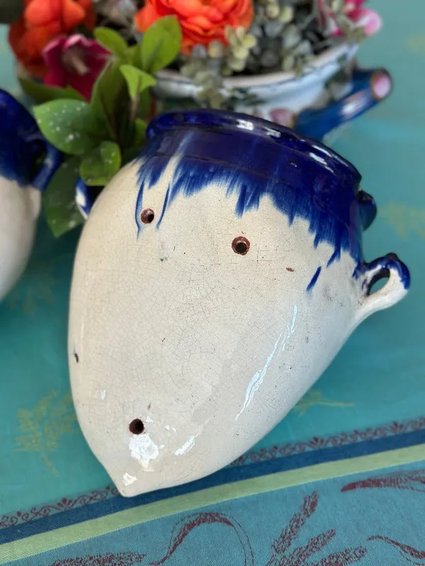 Ceramic Hanging Wall Pot Blue and White, 2 available, Each Sold separately