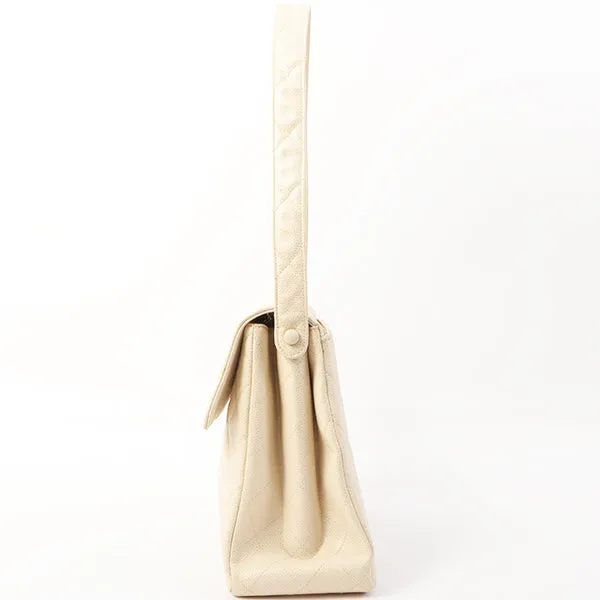 Chanel Around 1997 Made Caviar Skin Turn-Lock Shoulder Bag Ivory
