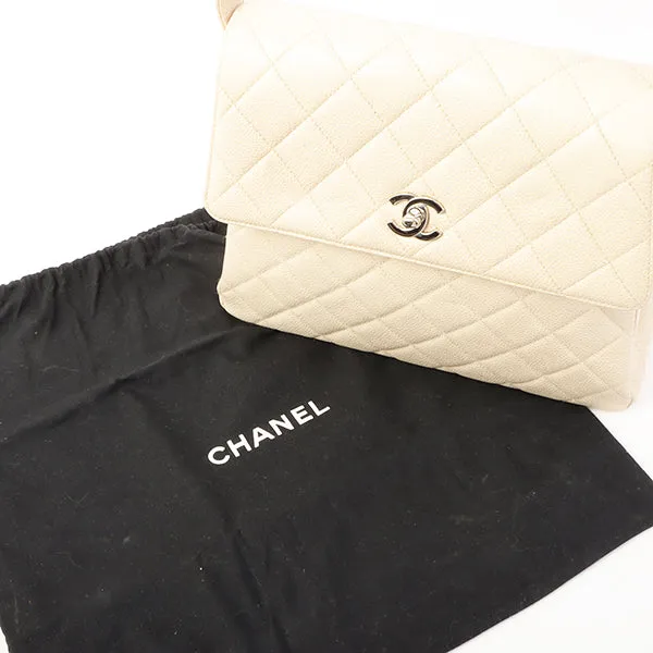 Chanel Around 1997 Made Caviar Skin Turn-Lock Shoulder Bag Ivory
