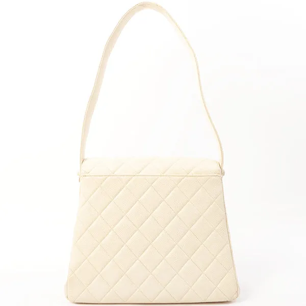 Chanel Around 1997 Made Caviar Skin Turn-Lock Shoulder Bag Ivory