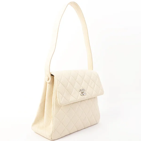 Chanel Around 1997 Made Caviar Skin Turn-Lock Shoulder Bag Ivory