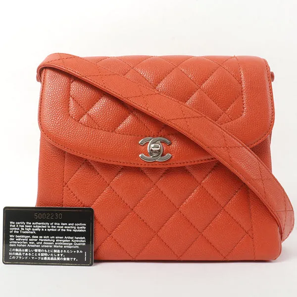 Chanel Around 1998 Made Caviar Skin Turn-Lock Shoulder Bag Orange/Silver