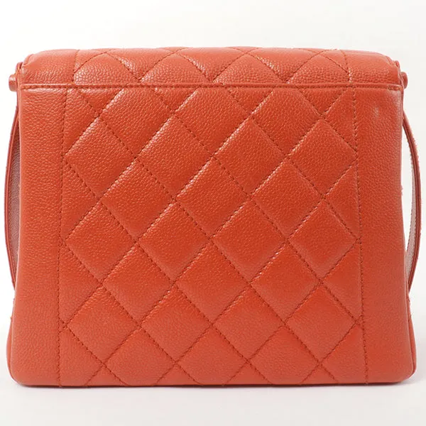 Chanel Around 1998 Made Caviar Skin Turn-Lock Shoulder Bag Orange/Silver