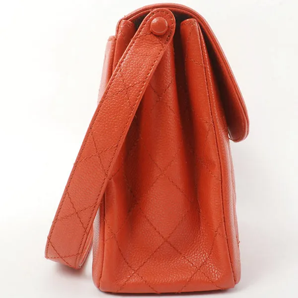 Chanel Around 1998 Made Caviar Skin Turn-Lock Shoulder Bag Orange/Silver
