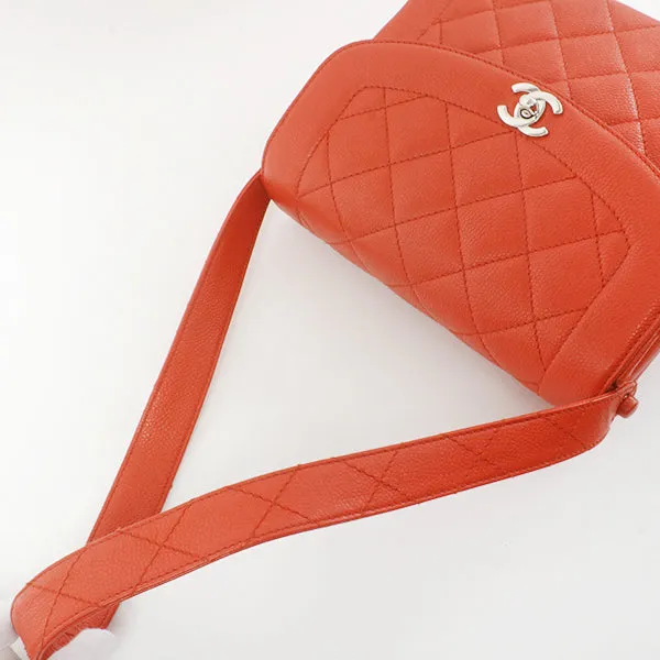 Chanel Around 1998 Made Caviar Skin Turn-Lock Shoulder Bag Orange/Silver