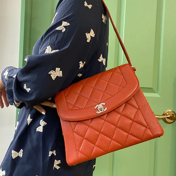 Chanel Around 1998 Made Caviar Skin Turn-Lock Shoulder Bag Orange/Silver