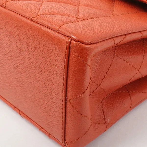 Chanel Around 1998 Made Caviar Skin Turn-Lock Shoulder Bag Orange/Silver