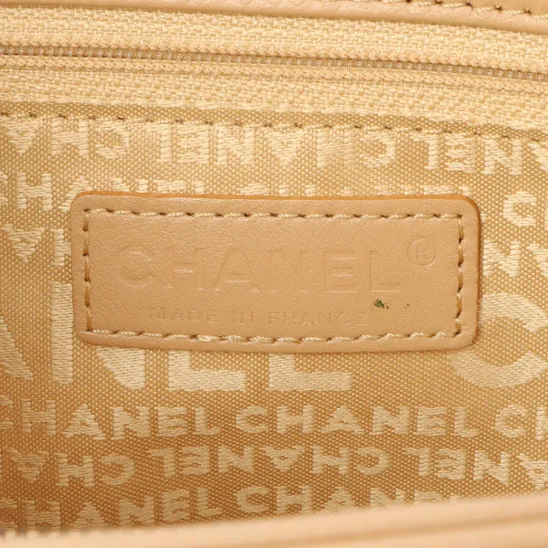 Chanel Around 2006 Made Caviar Skin Chocolate Bar Cut-Out Logo Plate Shoulder Bag Smoky Beige