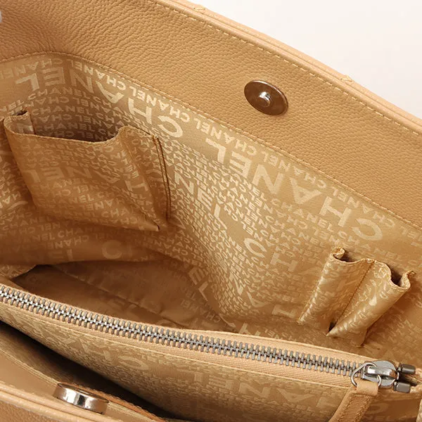 Chanel Around 2006 Made Caviar Skin Chocolate Bar Cut-Out Logo Plate Shoulder Bag Smoky Beige